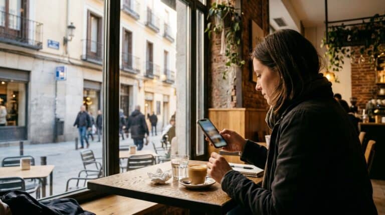 Persona revisando opciones de privacidad desde un teléfono móvil en Madrid
